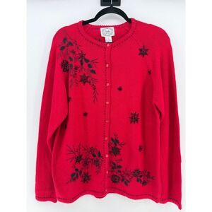 Stitches In Time Cardigan Sweater Women M Red Black Beaded Holiday Christmas NWT